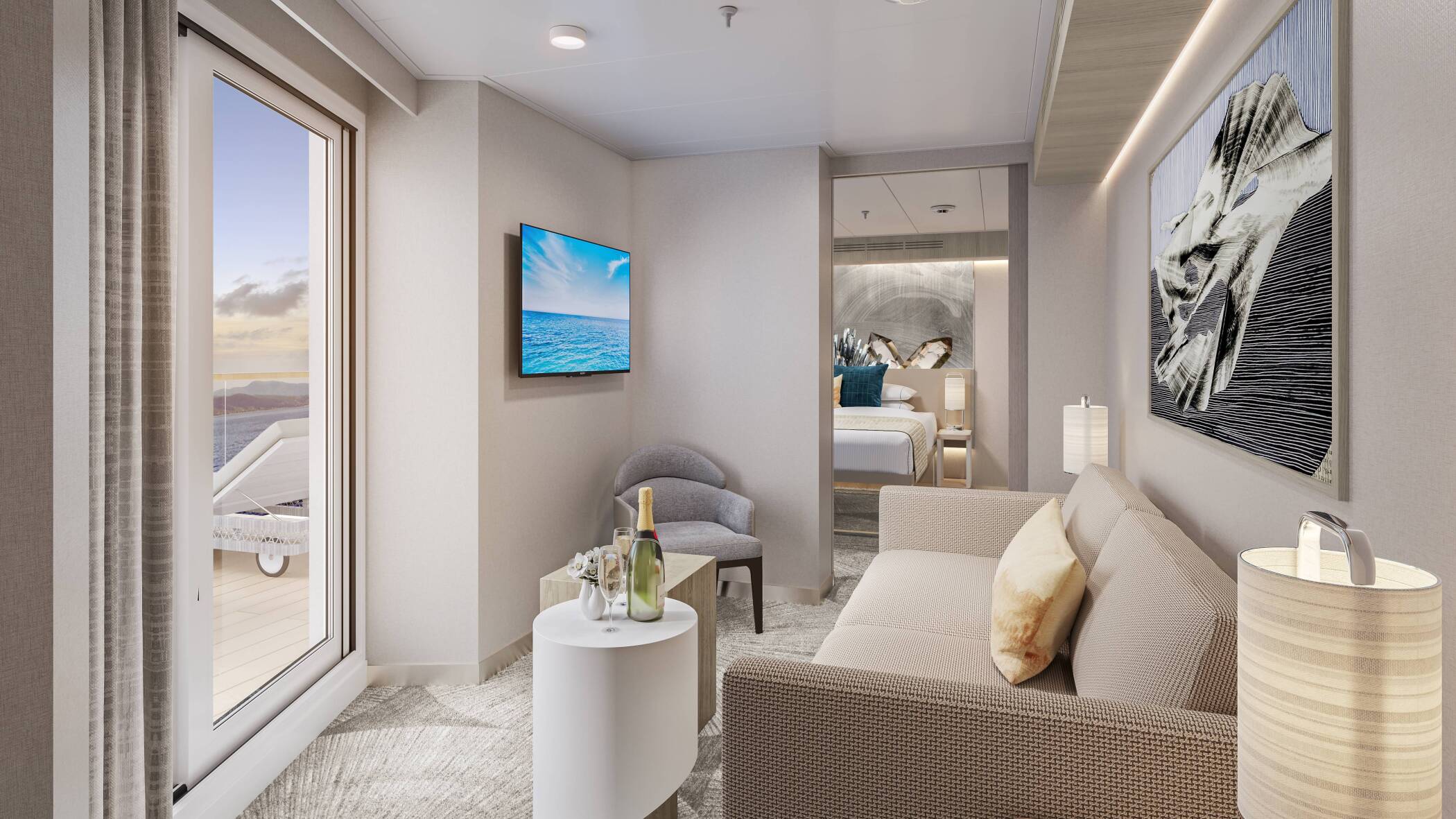 Suite orienté vers l'avant avec chambre principale et grand balcon