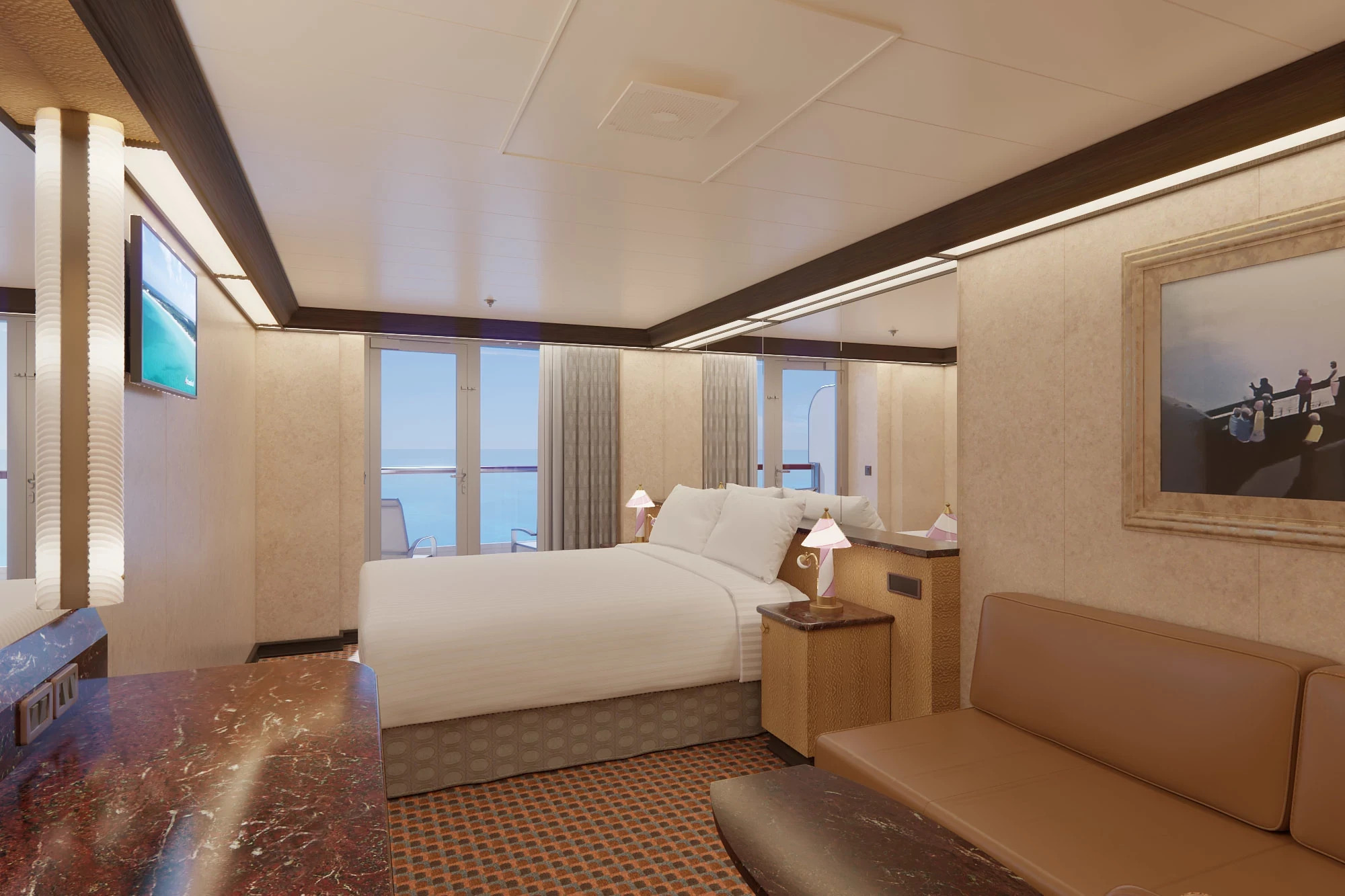 Cabine avec grand balcon et vue orientée vers la poupe