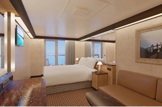 Cabine avec grand balcon et vue orientée vers la poupe