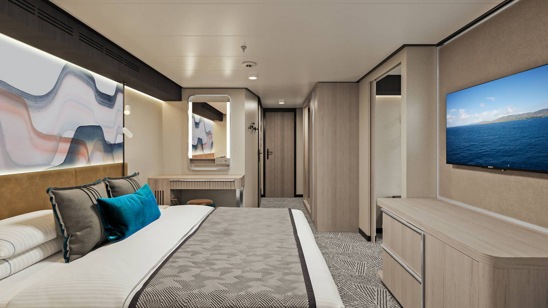 Suite avant avec chambre principale et grand balcon