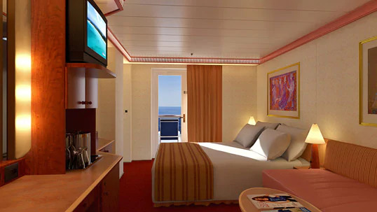 Cabine avec grand balcon orienté vers la poupe