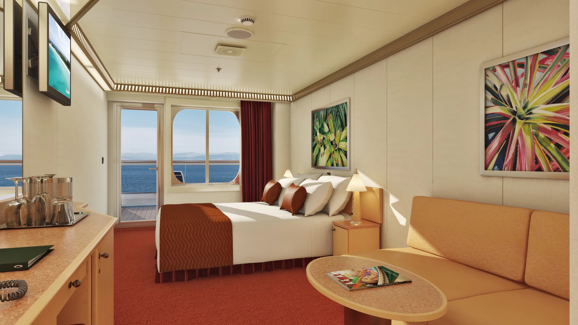 Cabine avec grand balcon orienté vers la poupe