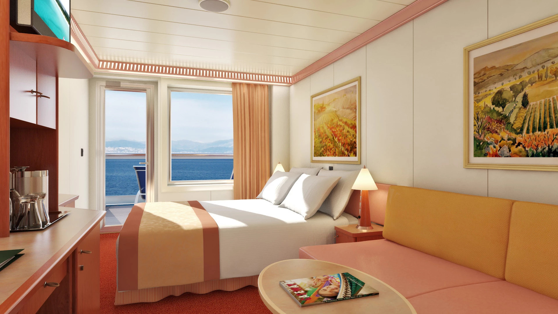 Cabine avec grand balcon orienté vers la poupe