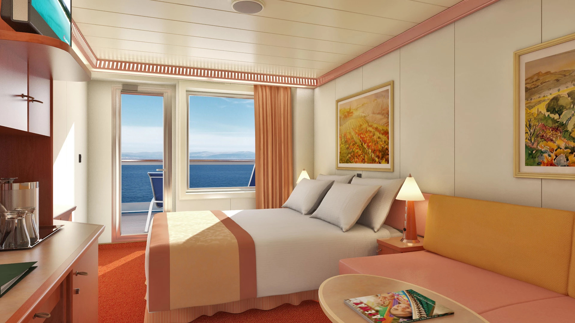 Cabine avec grand balcon orienté vers la poupe